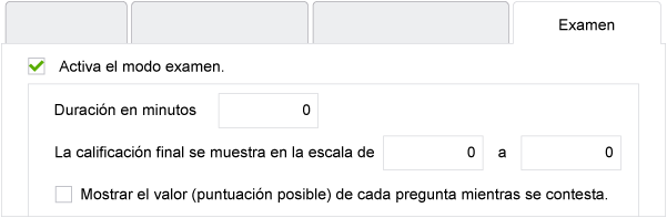 Captura de pantalla de la activación del modo examen, duración y escala de calificación.