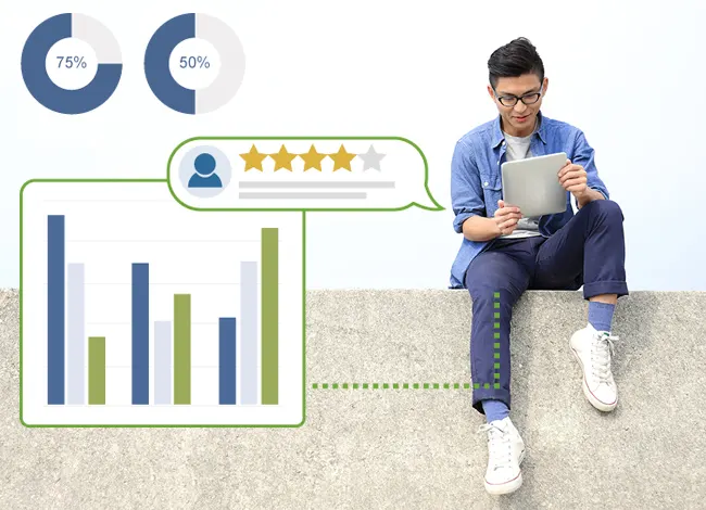 Ein Experte für digitales Marketing konsultiert die Ergebnisgrafiken einer Online-Marktforschungsstudie auf seinem Tablet.