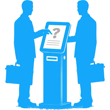 Zwei Besucher vor einem Touchscreen mit einer Online-Umfrage