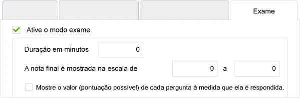 Captura de ecrã da ativação do modo de exame, duração e escala de classificação.