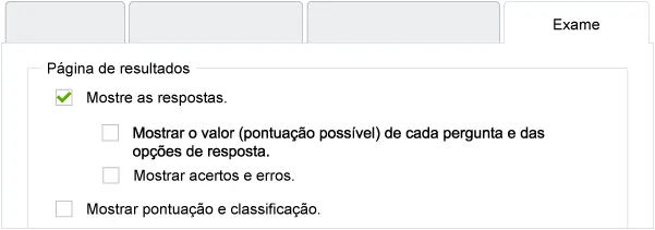 Captura de ecrã para a configuração da apresentação dos resultados na página de conclusão do exame.