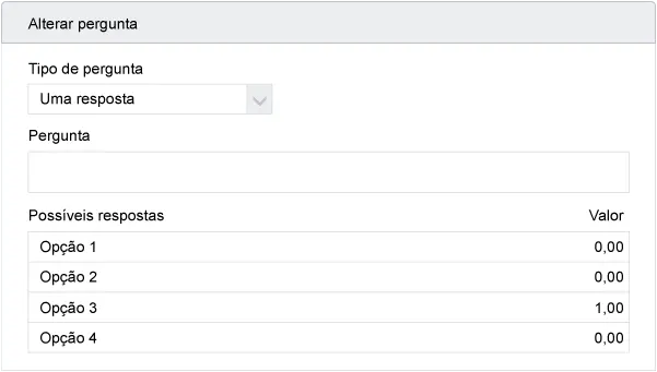 Captura de ecrã da criação de uma pergunta com o valor atribuído à resposta correta.