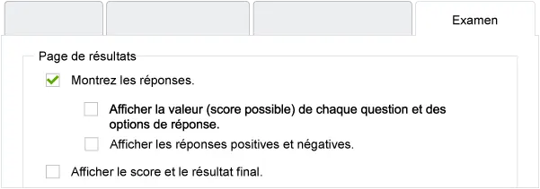 Capture d'écran pour la configuration de l'affichage des résultats sur la page de fin d'examen.